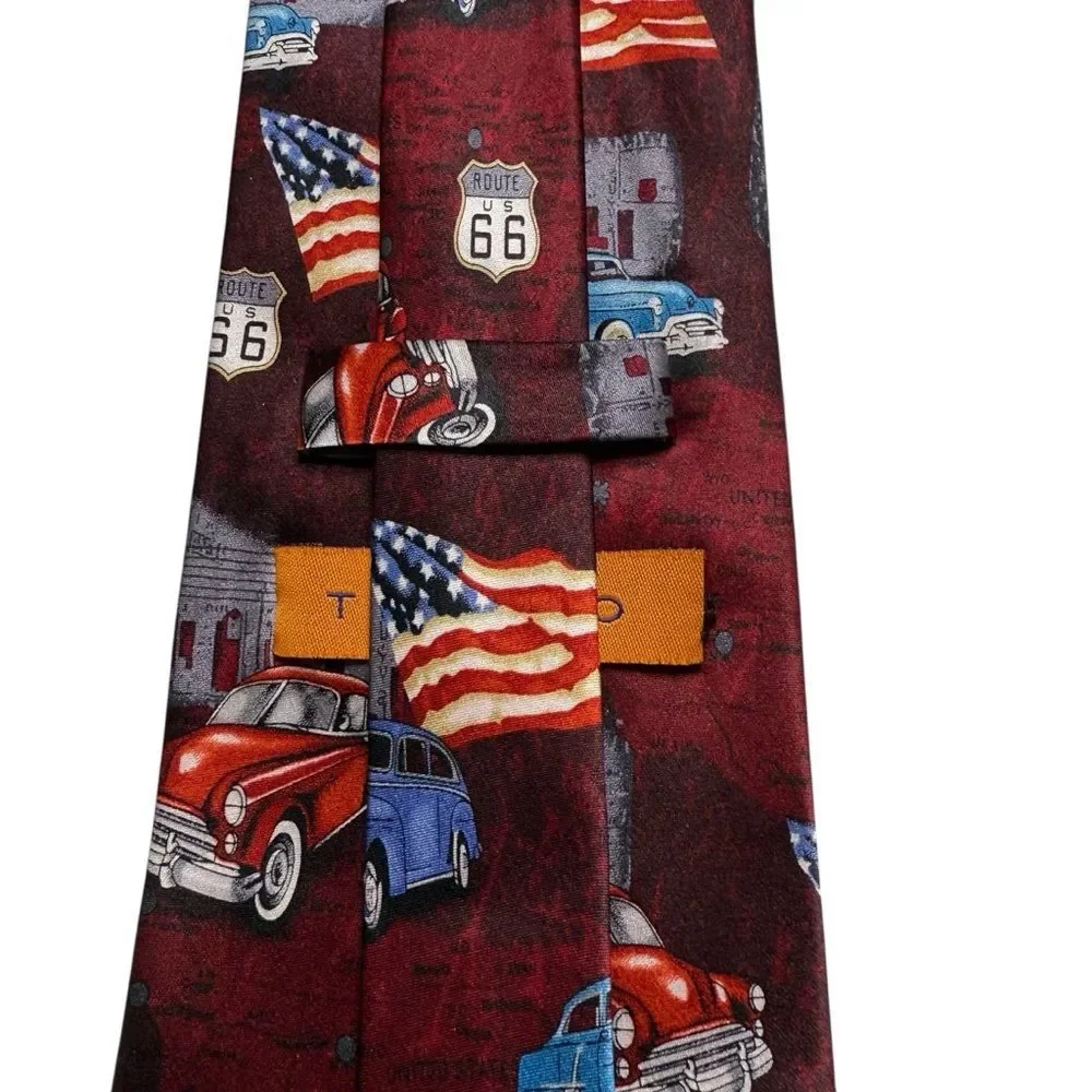 Tango Route 66 Classic Car USA Flag Silk Necktie Tie Handmade